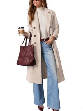 Wool Blend Pea Coat Double Breasted Belted Winter Trench Coat
